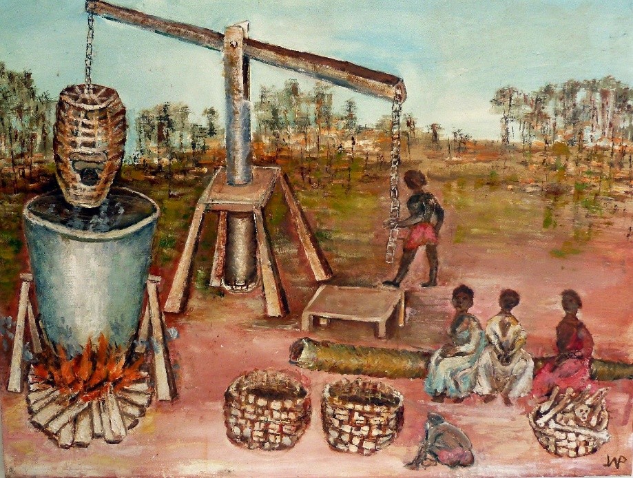 Painting of a cage suspended by a hand-operated crane above a boiling pot on a fire, with seated women, baskets of bones and a child waiting nearby.