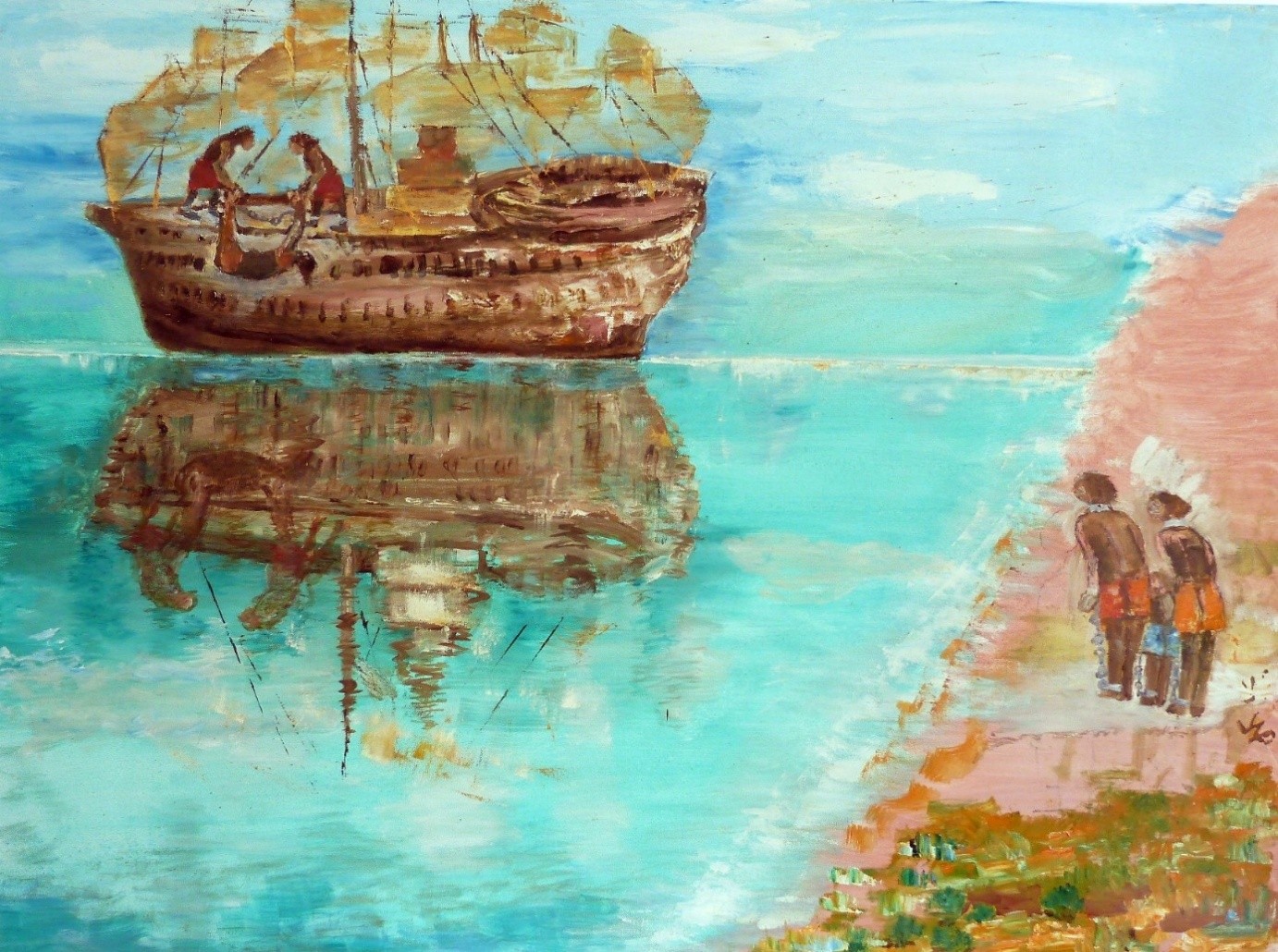 Burial at Sea by Joslyn Walker-Peart: a slave ship mirrored on still turquoise water, with chained figures watching from the shore.