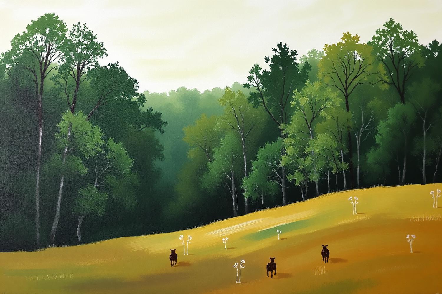 Painting of a treeline meeting a golden meadow.